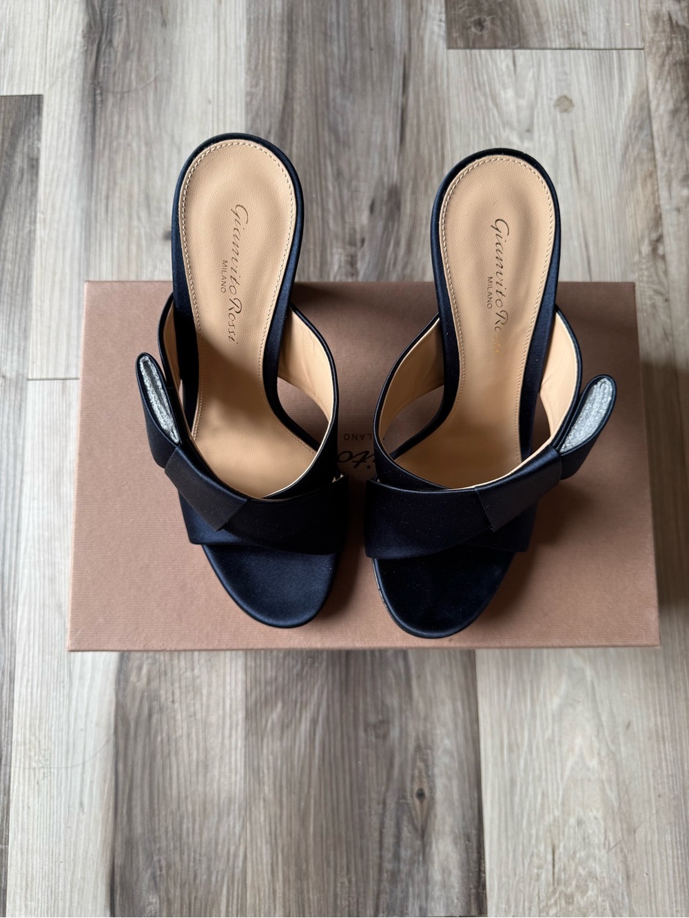 Gianvito Rossi Black Satin Bow Slide Heels